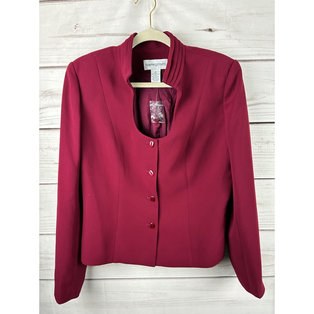 Bloomingdale's Burgundy Pleated Collar Blazer Jacket Size 14 Vintage Style